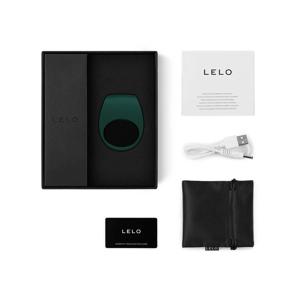 LELO Tor 2 Vibrating Couples Ring Green packaging with accessories including USB charger and instruction card.