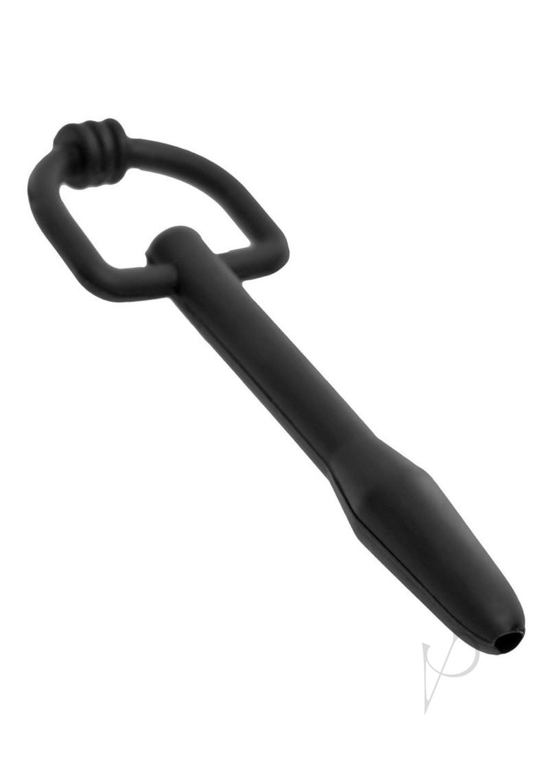 Master Series The Hallows Cum-Thru D-Ring Penis Plug Black for urethral play, featuring flexible silicone and a user-friendly design.