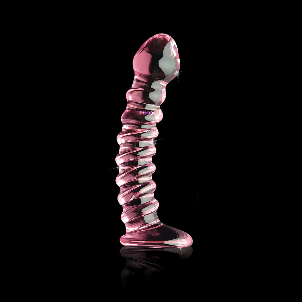 Icicles No. 28 Curved Ribbed 7.25 inches Glass Dildo Pink
