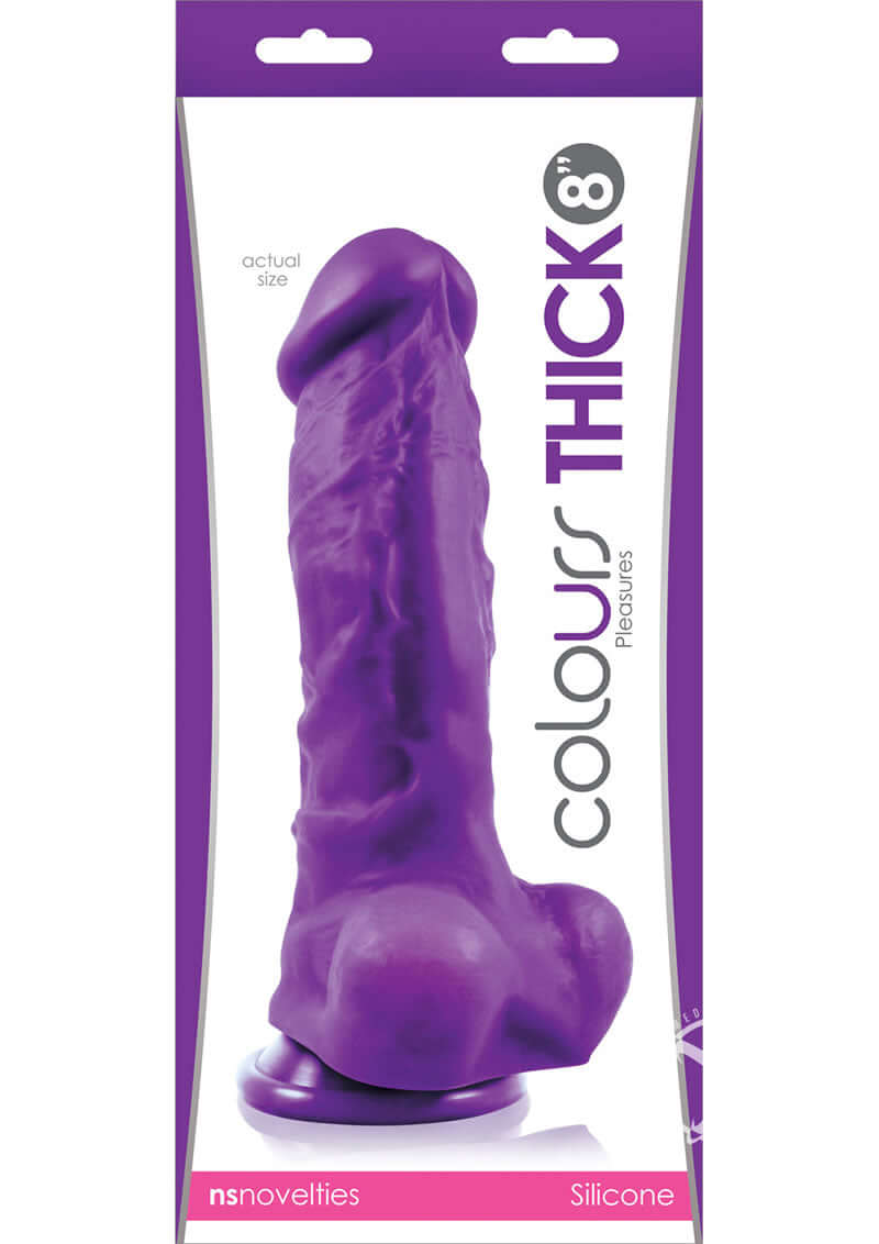 Colours Pleasures Silicone Thick Dildo 8 inches Purple packaged with actual size displayed.