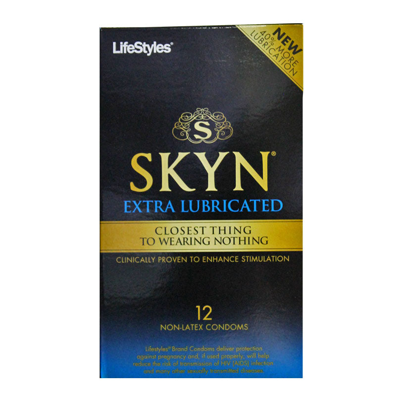 LifeStyles SKYN Extra Lubricated Condoms 12 pack box with non-latex design and enhanced comfort.