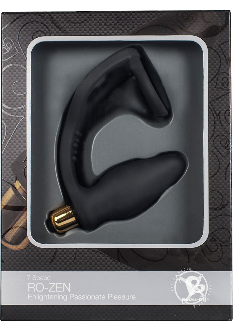 Ro-Zen Vibrating Silicone Cock Ring with Butt Plug Black in packaging with sleek design and 7 speed options.