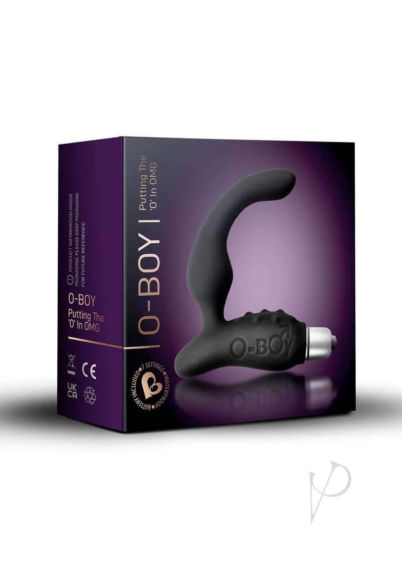 O Boy Silicone Prostate and Perineum Stimulator Black packaging with sleek design and features highlighted.
