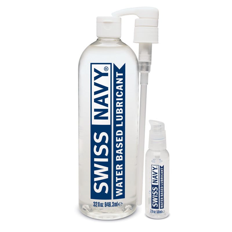 Swiss Navy Water Based Lubricant 32 Oz bottle with pump and smaller bottle for easy use and application.