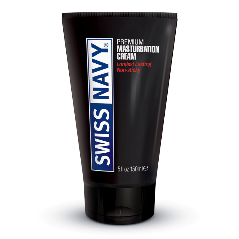 Swiss Navy Premium Masturbation Cream 5 Oz tube featuring longest lasting, non-sticky formula for enhanced pleasure.