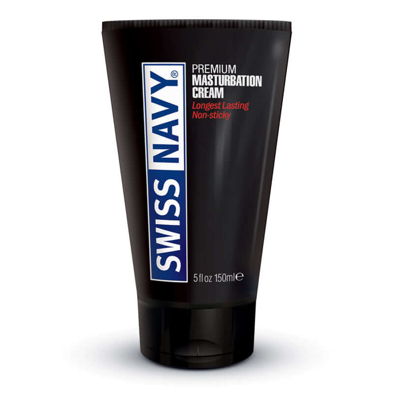Swiss Navy Premium Masturbation Cream 5 Oz tube featuring longest lasting, non-sticky formula for enhanced pleasure.