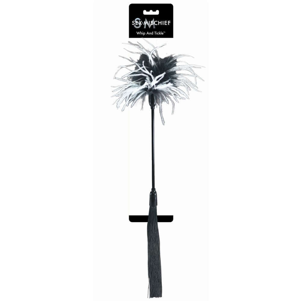 Sportsheets Sex & Mischief Whip & Tickle Black White with feathered texture and sleek handle.