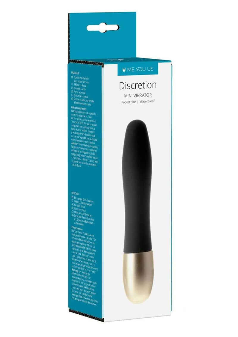 ME YOU US Discretion Mini Vibrator Black packaging, showcasing the sleek design and features of the portable vibrator.