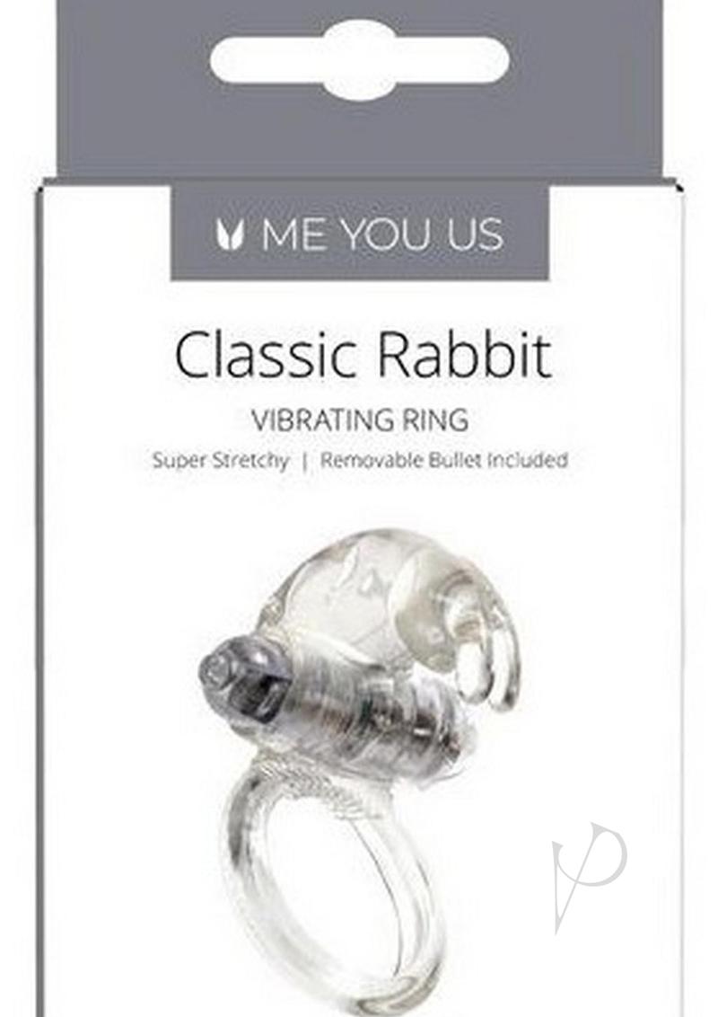 ME YOU US Classic Rabbit Vibrating Cock Ring Clear packaging showcasing the stretchy vibrating ring for couples.