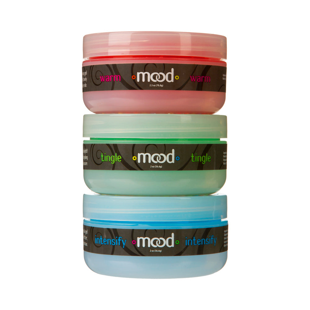 Mood Arousal Gels 3 Pack Tingle Warm and Intensify featuring three colorful containers of gel.