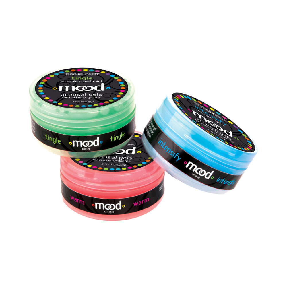 Mood Arousal Gels 3 Pack Tingle Warm and Intensify featuring three unique gel containers in vibrant colors.