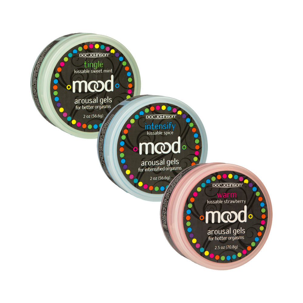 Mood Arousal Gels 3 Pack Tingle Warm and Intensify featuring tingle, intensify, and warm gel containers.