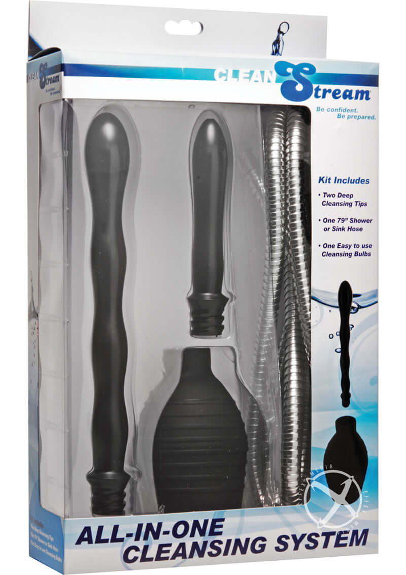 CleanStream All-In-One Shower Cleansing System Black kit with two nozzles, hose, and cleansing bulb.