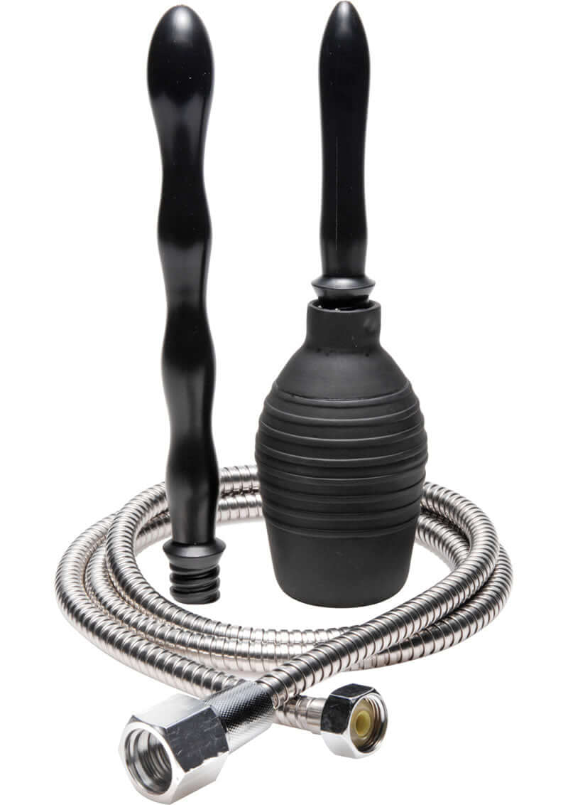 CleanStream All-In-One Shower Cleansing System Black with stainless steel hose and cleansing nozzles.