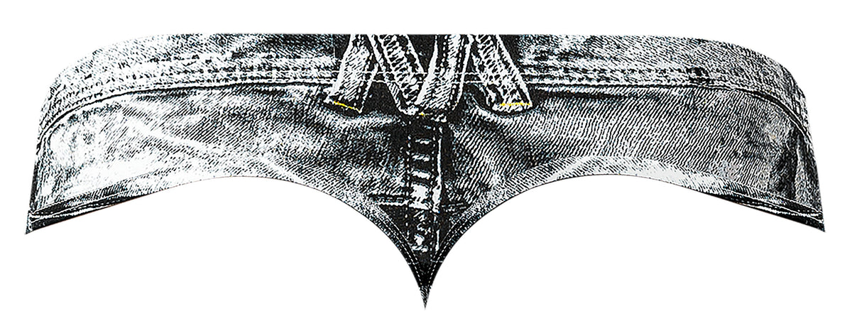 Male Power Dirty Denim Thong Blue S/M featuring a denim print and faux zipper design for men's underwear.
