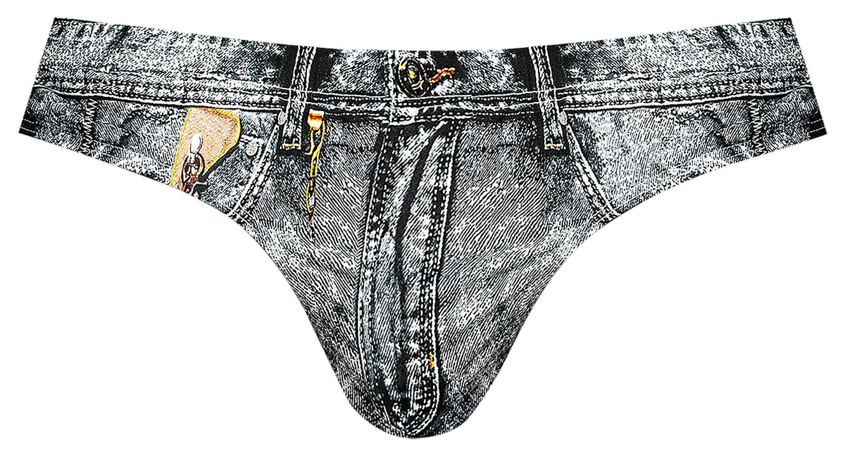 Male Power Dirty Denim Thong Blue S/M featuring denim print, faux zipper, and contoured pouch for comfort.