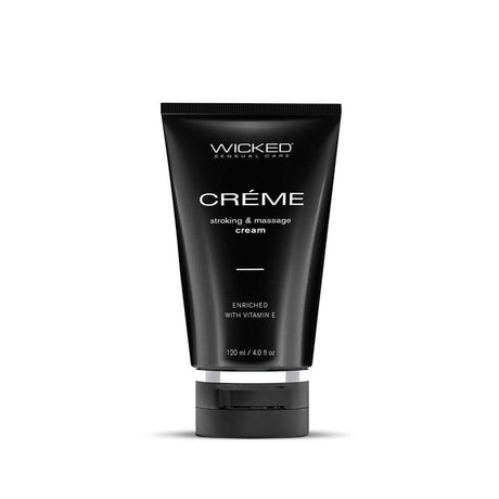 Wicked Creme Stroking and Massage Cream 4 Oz in a sleek black tube with Vitamin E enrichment.