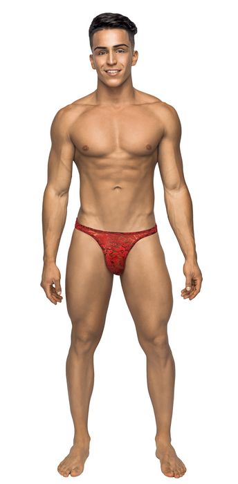 Model wearing Male Power Bong Thong Stretch Lace Red S/M showcasing bold floral lace design and confident style.
