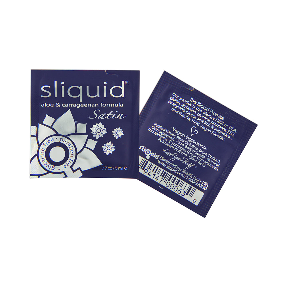 Sliquid Naturals Satin Pillows 200 per bag, featuring aloe and carrageenan formula for hydration.