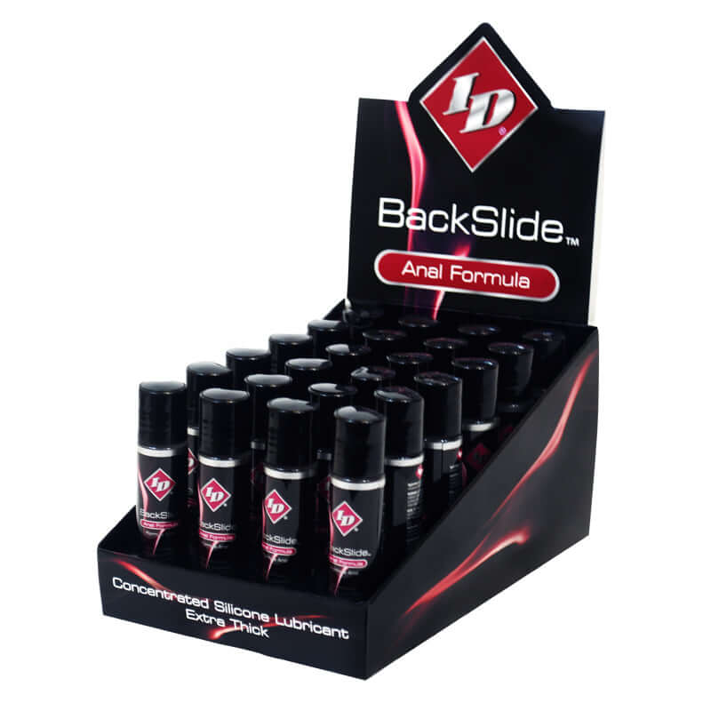 ID BackSlide Silicone Anal Lubricant Counter 24 Pc Display showcasing extra thick silicone lubricant bottles.