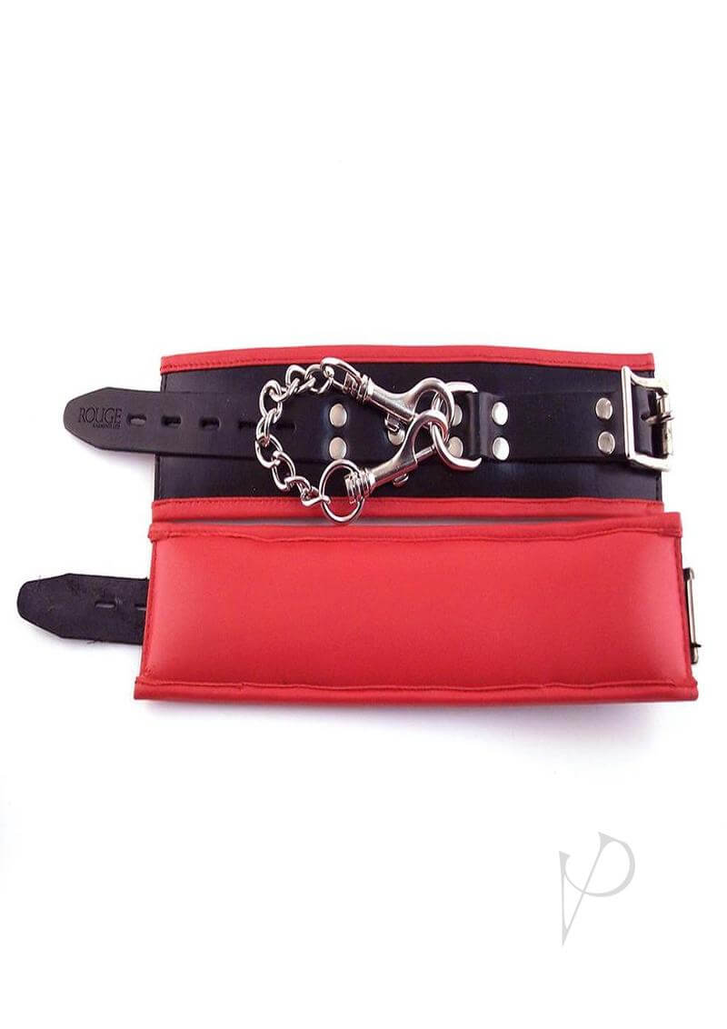 Rouge Padded Leather Adjustable Wrist Cuffs Black and Red with chain and buckle detailing, showcasing luxury in bondage gear.