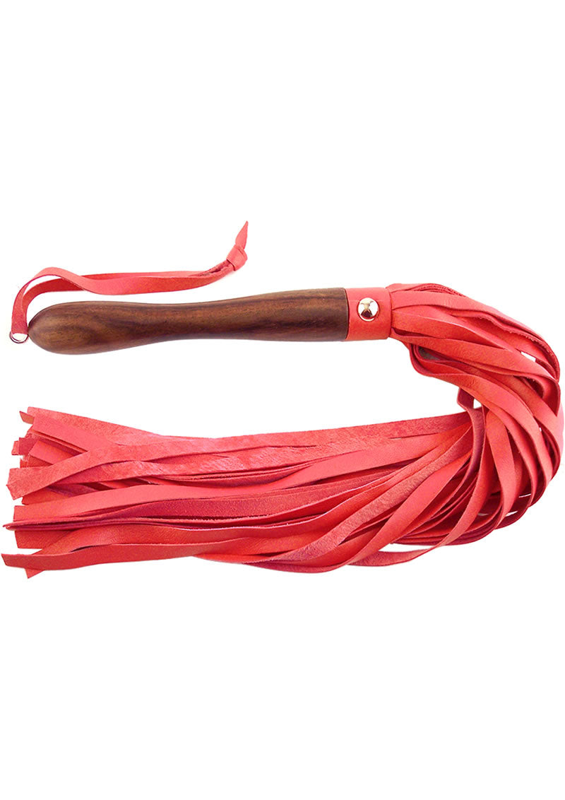 Rouge Wooden Handle Leather Flogger Red featuring a smooth wooden handle and supple leather falls for impact play.