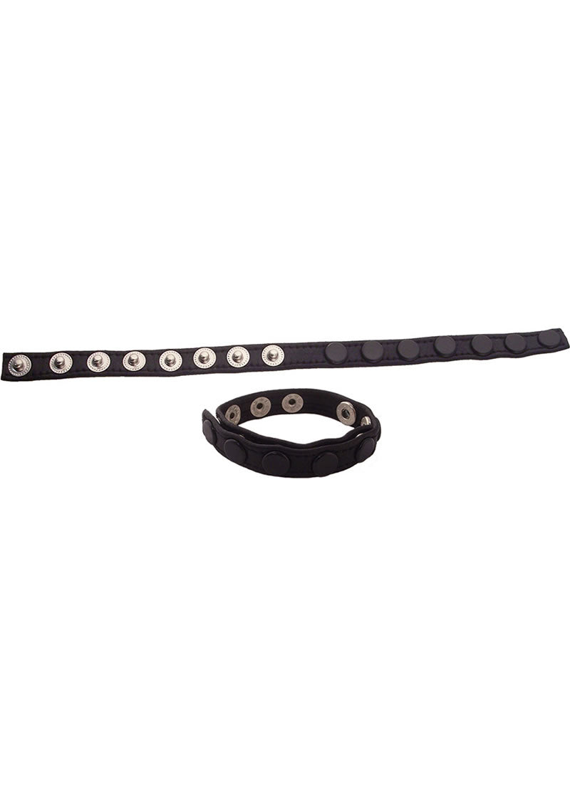Rouge Multi Snap Cock Leather Strap Cock Ring Black displayed with multiple snap fasteners and soft leather design.