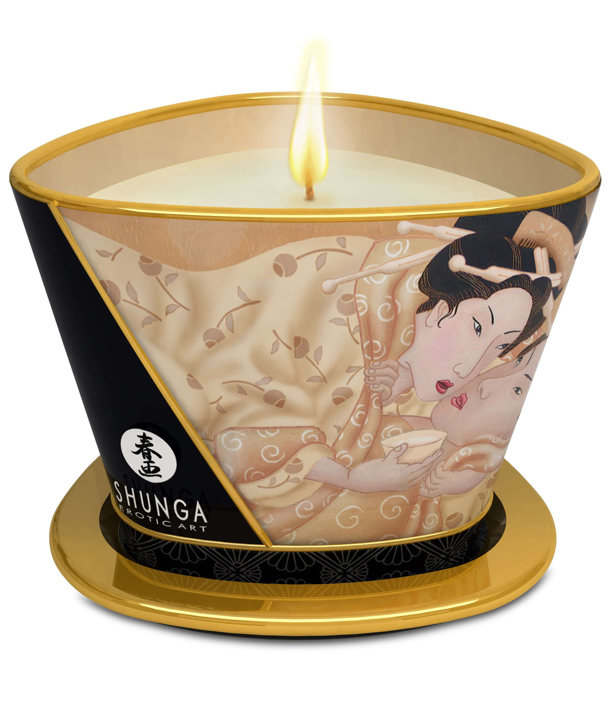 Shunga Massage Candle Desire Vanilla 5.7 Oz with a romantic design and lit wick for ambiance and intimacy.