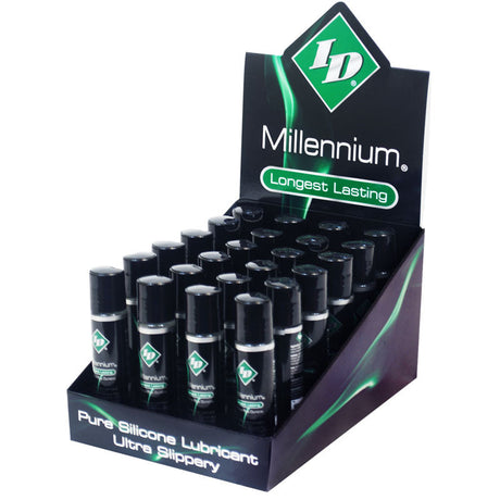 ID Millennium 1 fl oz Counter Display 24 Silicone Lubricant - Pure silicone lubricant for long-lasting pleasure.