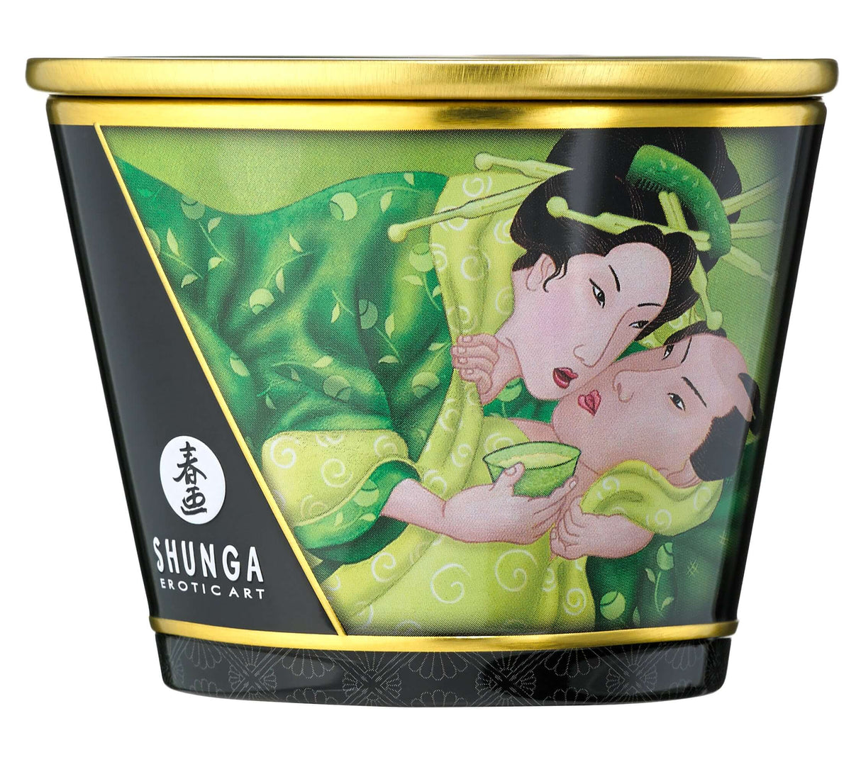 Shunga Massage Candle Zenitude Exotic Green Tea 5.7 Oz decorative container featuring intimate art design.