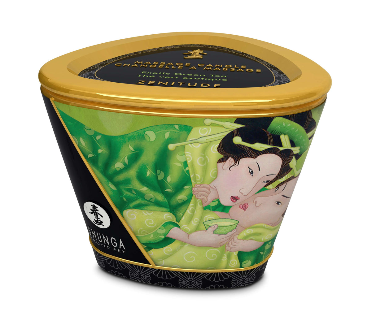 Shunga Massage Candle Zenitude Exotic Green Tea 5.7 Oz with decorative packaging featuring Asian art and vibrant colors.