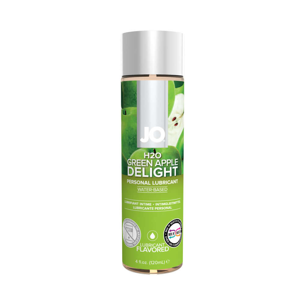 JO H2O Green Apple Delight Water-Based Lubricant 4 Oz bottle with green apple design and personal lubricant label.