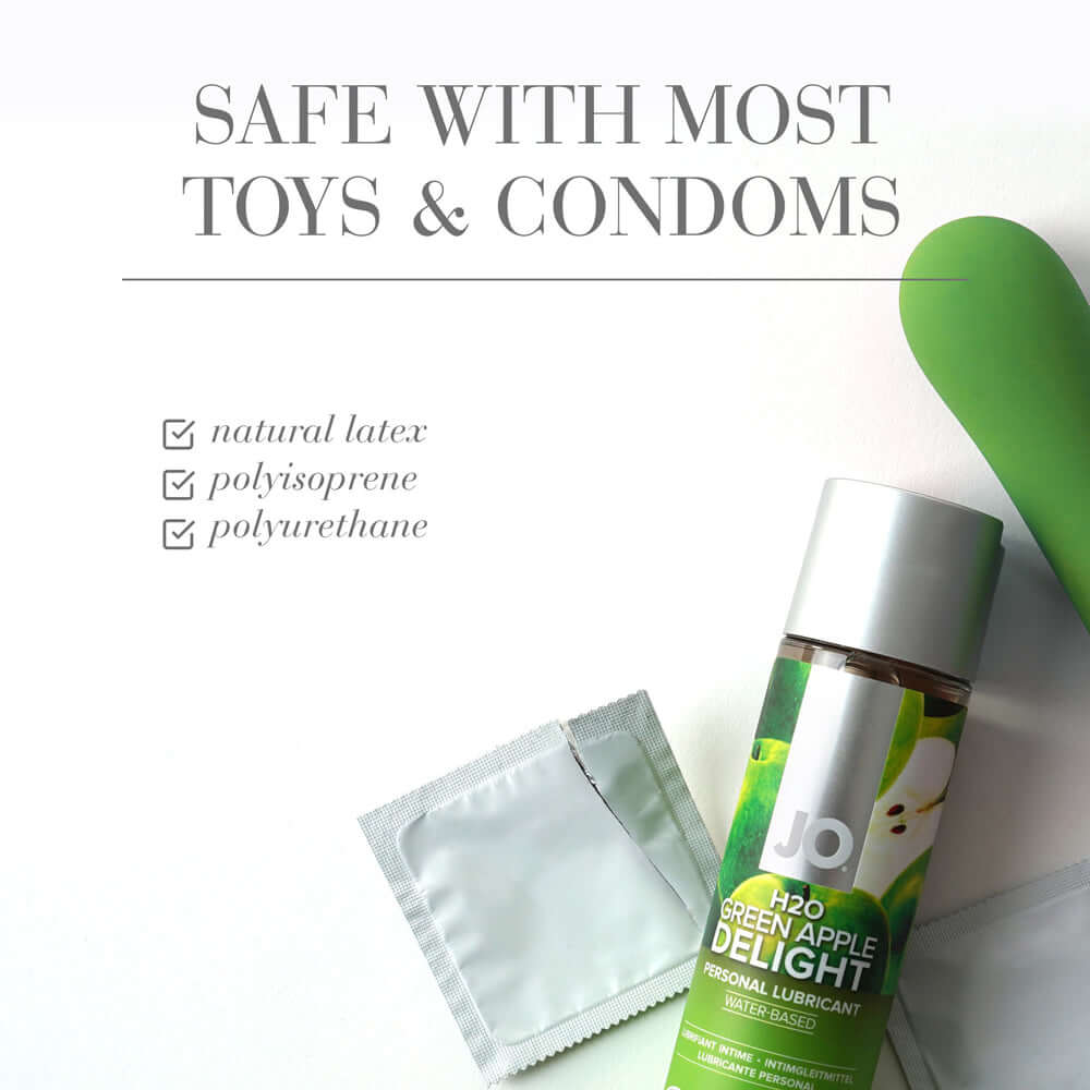 JO H2O Green Apple Delight Water-Based Lubricant 4 Oz with toy and condoms, safe with natural latex, polyisoprene, polyurethane.