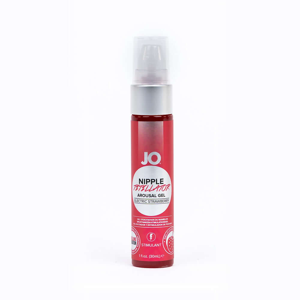 JO Nipple Titillator Arousal Gel Strawberry 1 Oz in a spray bottle with a playful design.