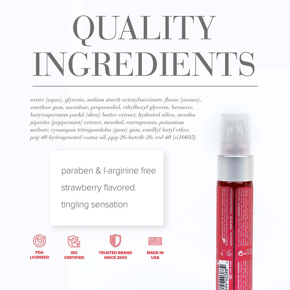 JO Nipple Titillator Arousal Gel Strawberry 1 Oz quality ingredients with paraben-free strawberry flavor and tingling sensation.