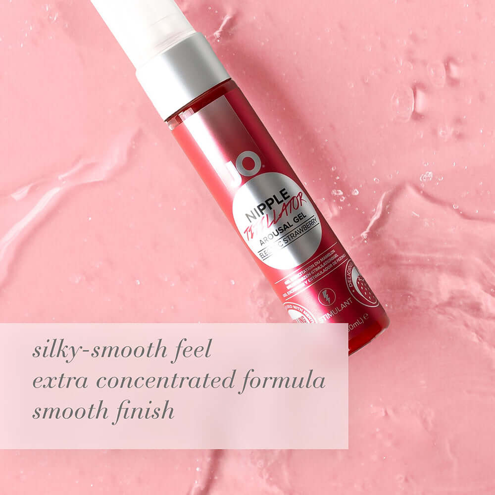 JO Nipple Titillator Arousal Gel Strawberry 1 Oz bottle on pink background with silky-smooth texture.