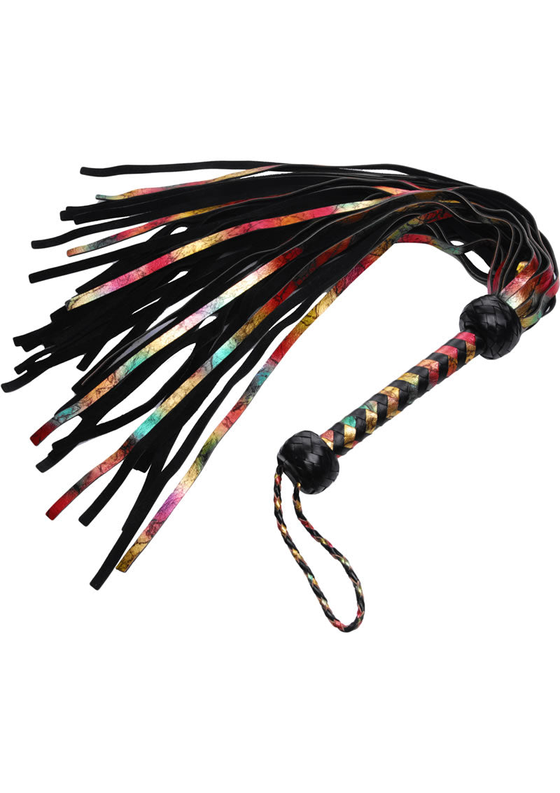 Strict Leather Rainbow Lambskin Flogger with colorful fringes and black handle, designed for impact and visual appeal.