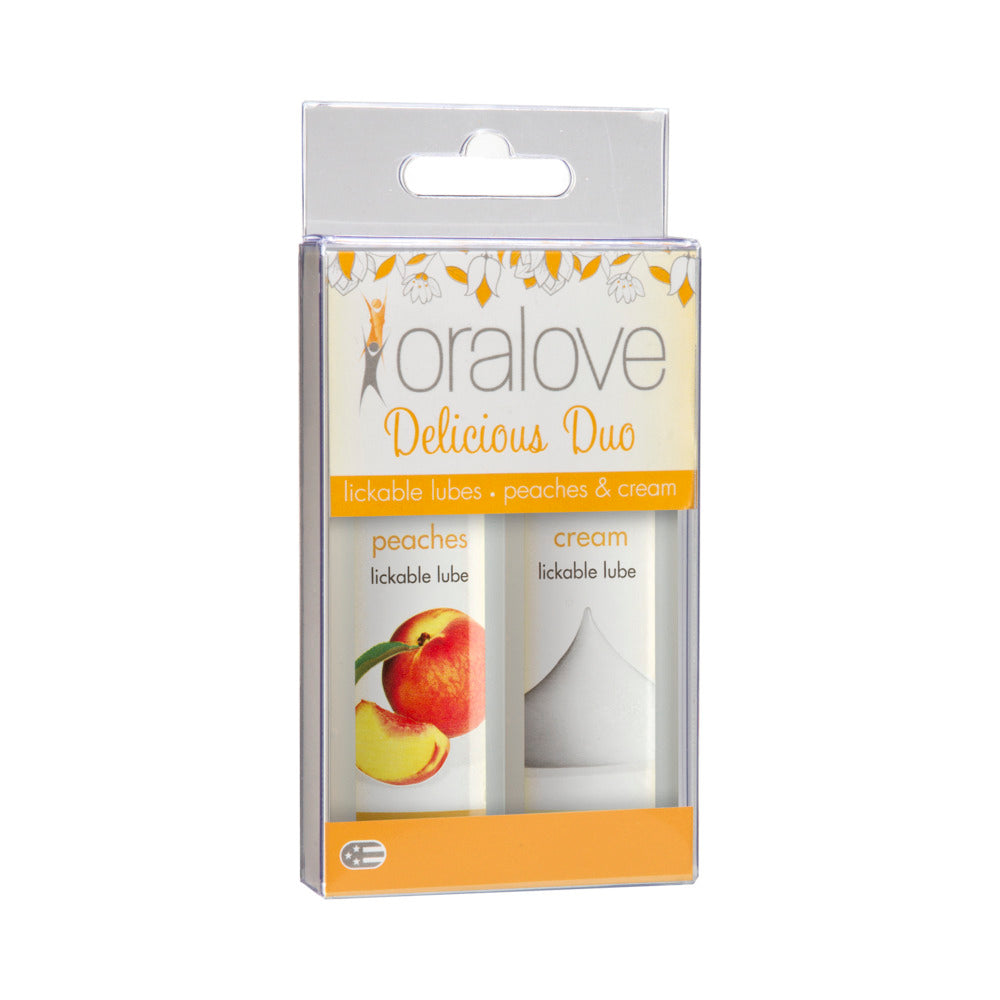 Oralove Delicious Duo Peaches and Cream, two lickable lubricants in a clear package, featuring peaches and cream.