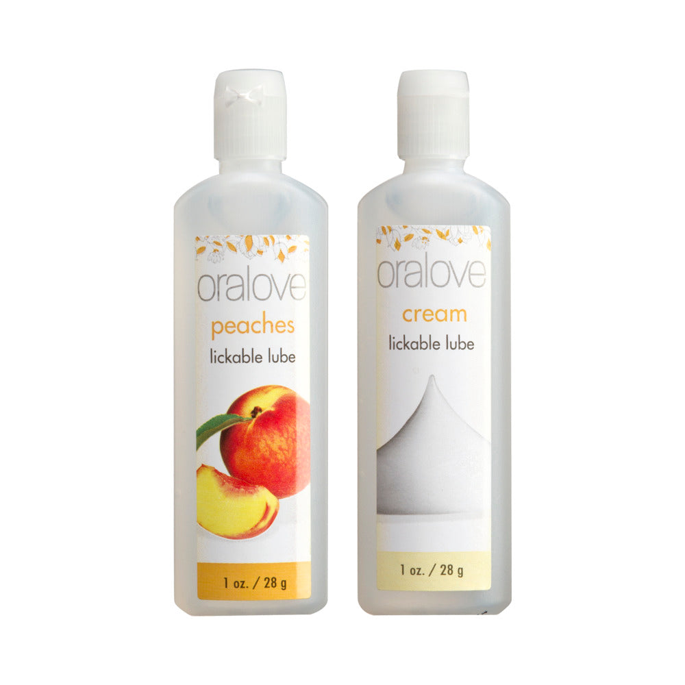 Oralove Delicious Duo Peaches and Cream lubricants in 1 oz bottles for tasty fun.