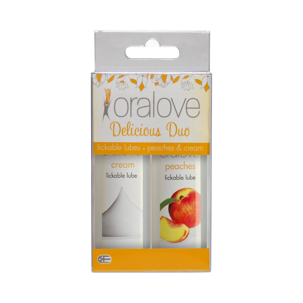 Oralove Delicious Duo Peaches and Cream, two bottles of lickable lubricants: peaches and cream flavors.