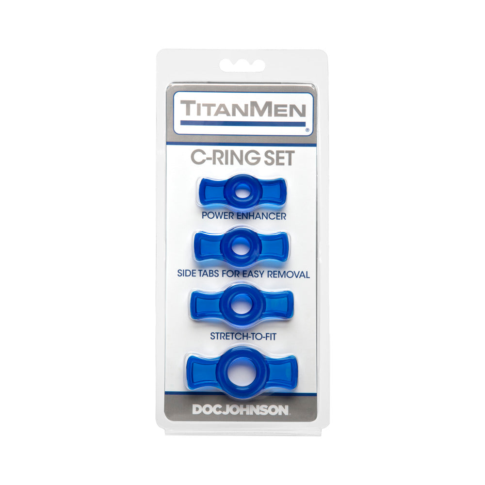 TitanMen Stretch-To-Fit Cock Rings 4 Piece Kit Blue packaging displaying four blue cock rings with labels.