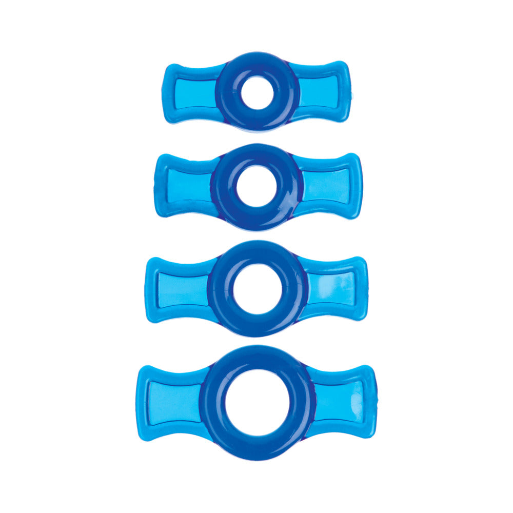 TitanMen Stretch-To-Fit Cock Rings 4 Piece Kit Blue featuring four adjustable blue cock rings.