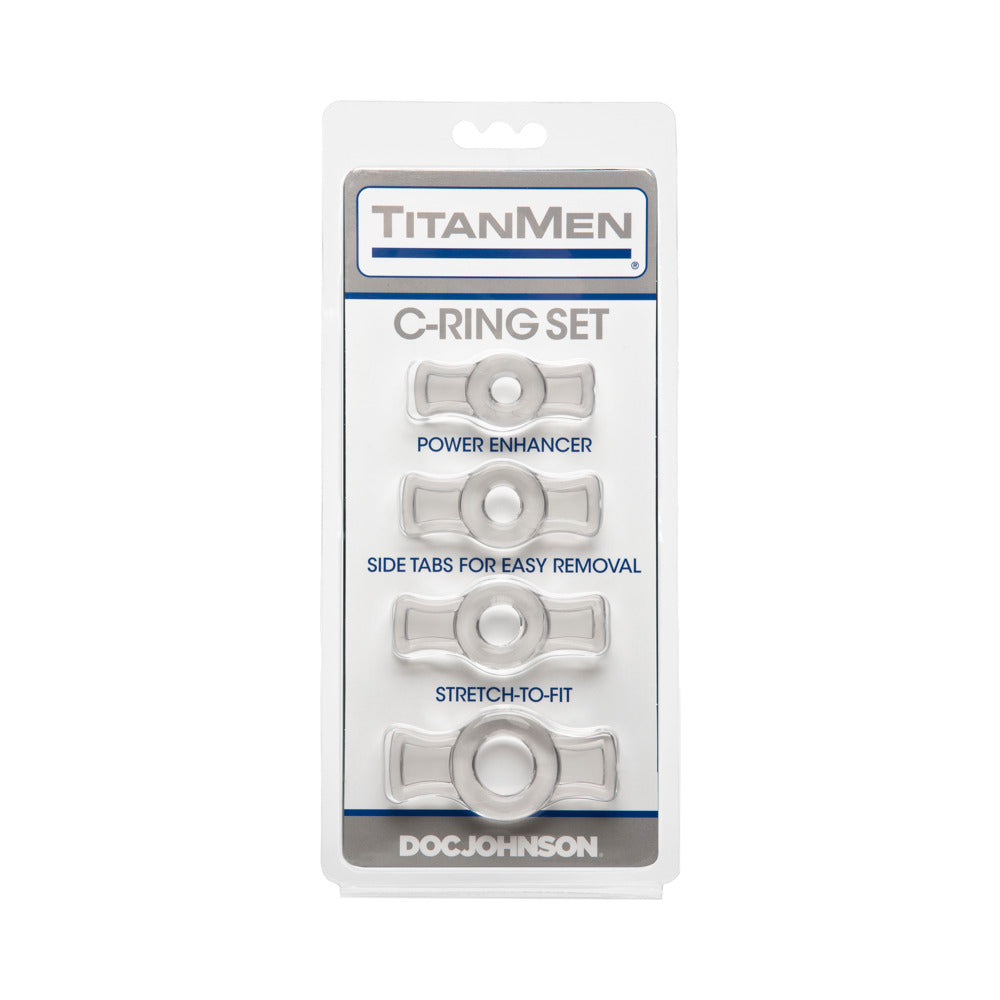 TitanMen Stretch-To-Fit Cock Rings 4 Piece Kit Clear packaging showcasing flexible rings for enhanced comfort.