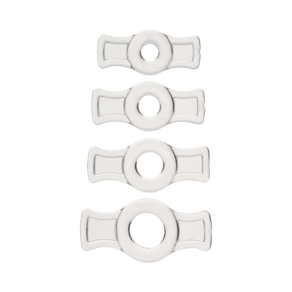 TitanMen Stretch-To-Fit Cock Rings 4 Piece Kit Clear showcasing four flexible rings in various sizes.