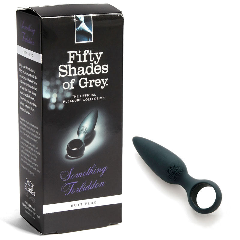 Fifty Shades of Grey Something Forbidden Butt Plug Black in packaging with smooth, silicone design for pleasure.