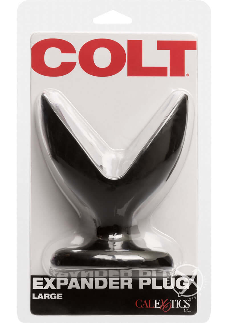 COLT Expander Plug Butt Plug Large Black in packaging, featuring a flared design for secure fit.