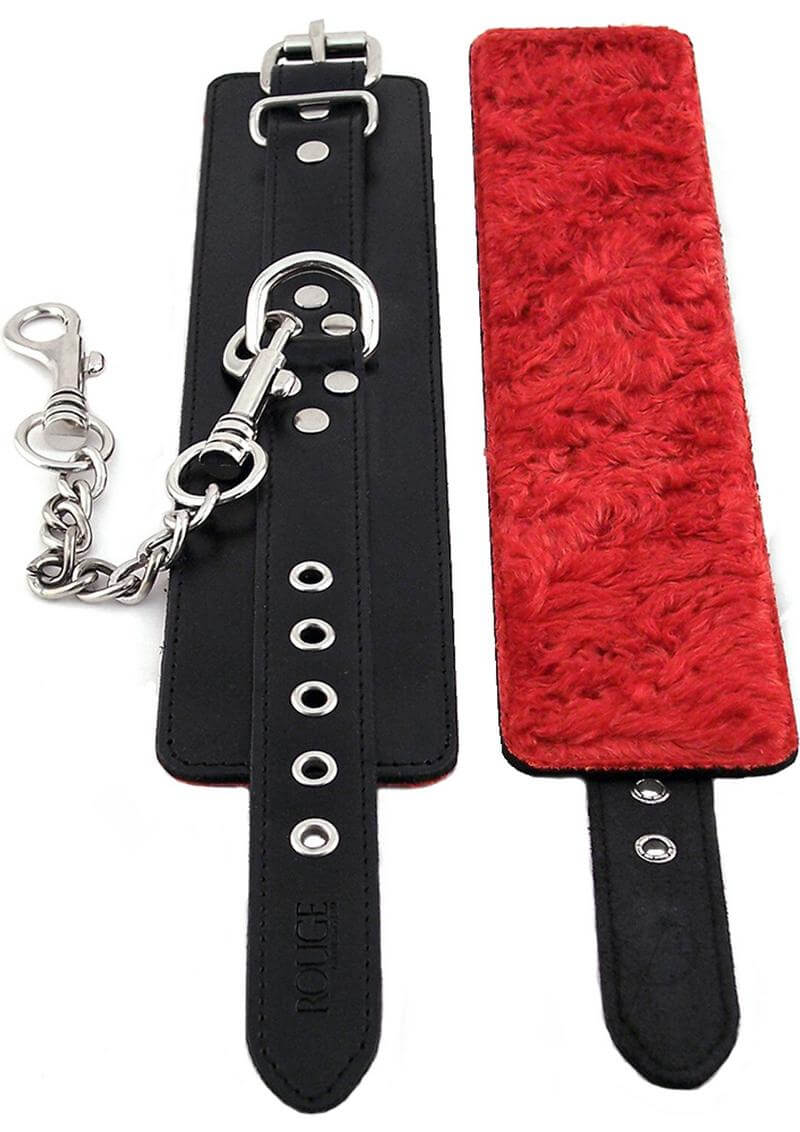 Rouge Leather Wrist Cuffs with Faux Fur Lining Black And Red on display with black leather and red faux fur details.