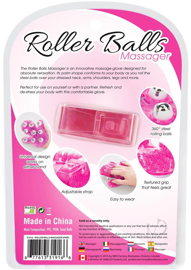 Simple and True Roller Balls Massager Glove Pink packaging showcasing features and adjustable strap for easy use.