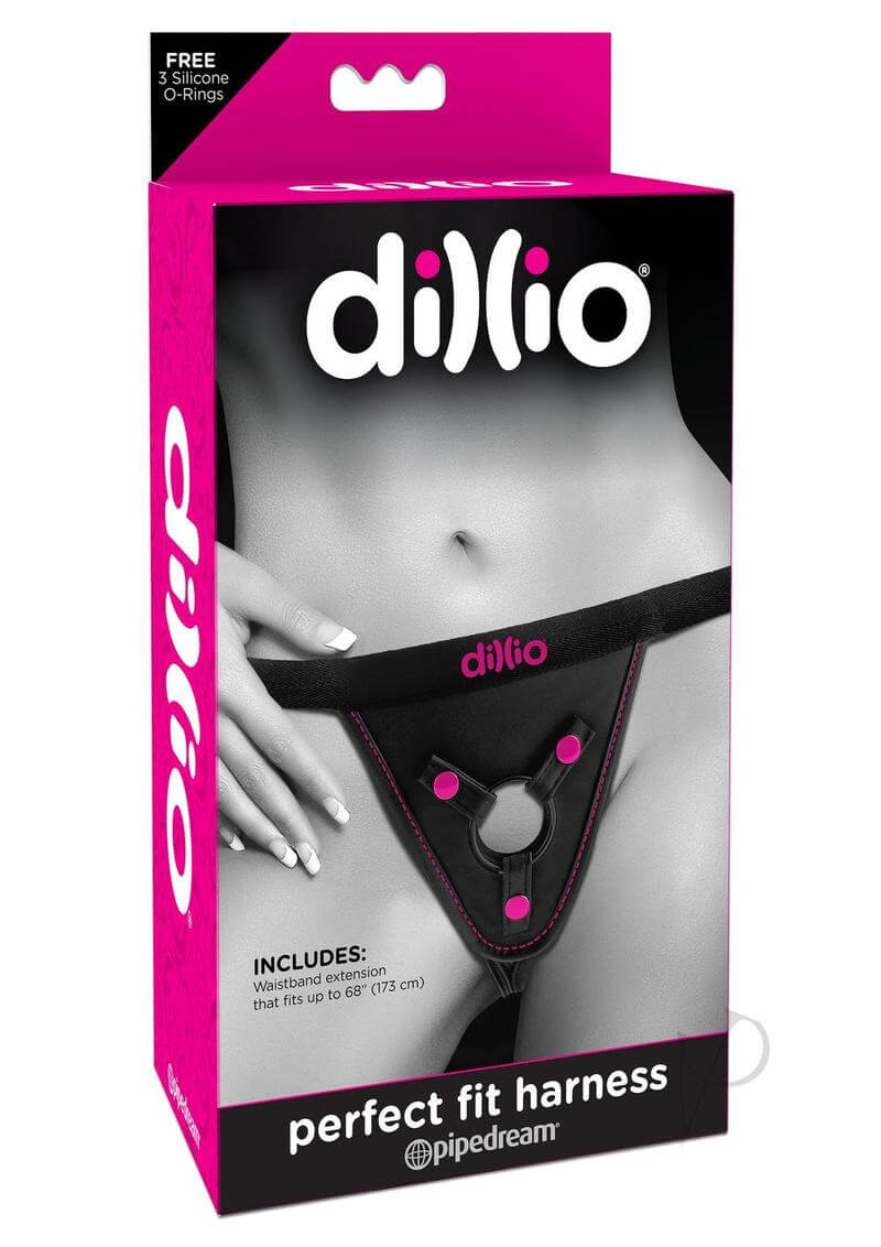 Dillio Perfect Fit Harness Black Pink box packaging featuring the harness design and features.