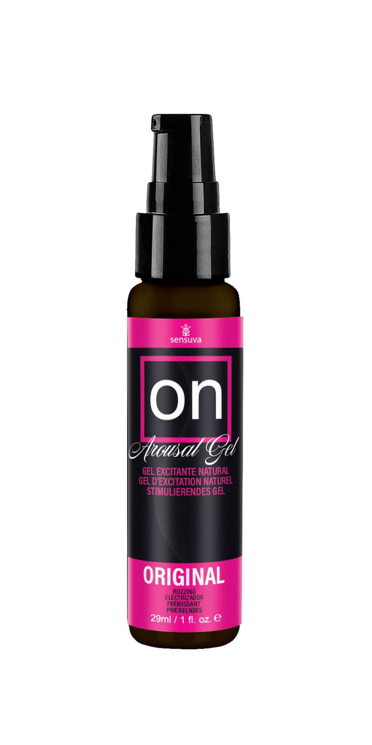 Sensuva On Arousal Gel Original 1 Oz bottle with black and pink design for enhanced pleasure.
